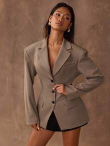 SHEIN BAE 女式纯色翻领长袖收腰前扣时尚垫肩西装外套，女式西装外套，女式办公室服装，秋冬女式定制衬里西装外套 - 灰色 - 查看 7