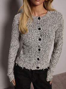 SHEIN BAE Cardigan tricoté décontracté à col rond et manches longues, à simple boutonnage, pour femmes. Automne/Hiver, Hiver, Automne pour femmes, Pulls d'hiver pour femmes, Halloween, Costume d'Halloween pour femmes, Noël, Pull de Noël, Noël pour femmes, Nouvel An, Soirée, Élégant, décontracté, Pull mosaïque noir, Cardigan, Cardigan décontracté, Top de sortie, Pull à la mode - Noir et Blanc - Voir 6
