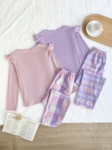 Set de 4 pijamale pentru fete preadolescente, cu mâneci lungi și volane, include bluză cu mâneci fluturate și pantaloni drepți în carouri, pijamale - Violet - Vizualizare 2
