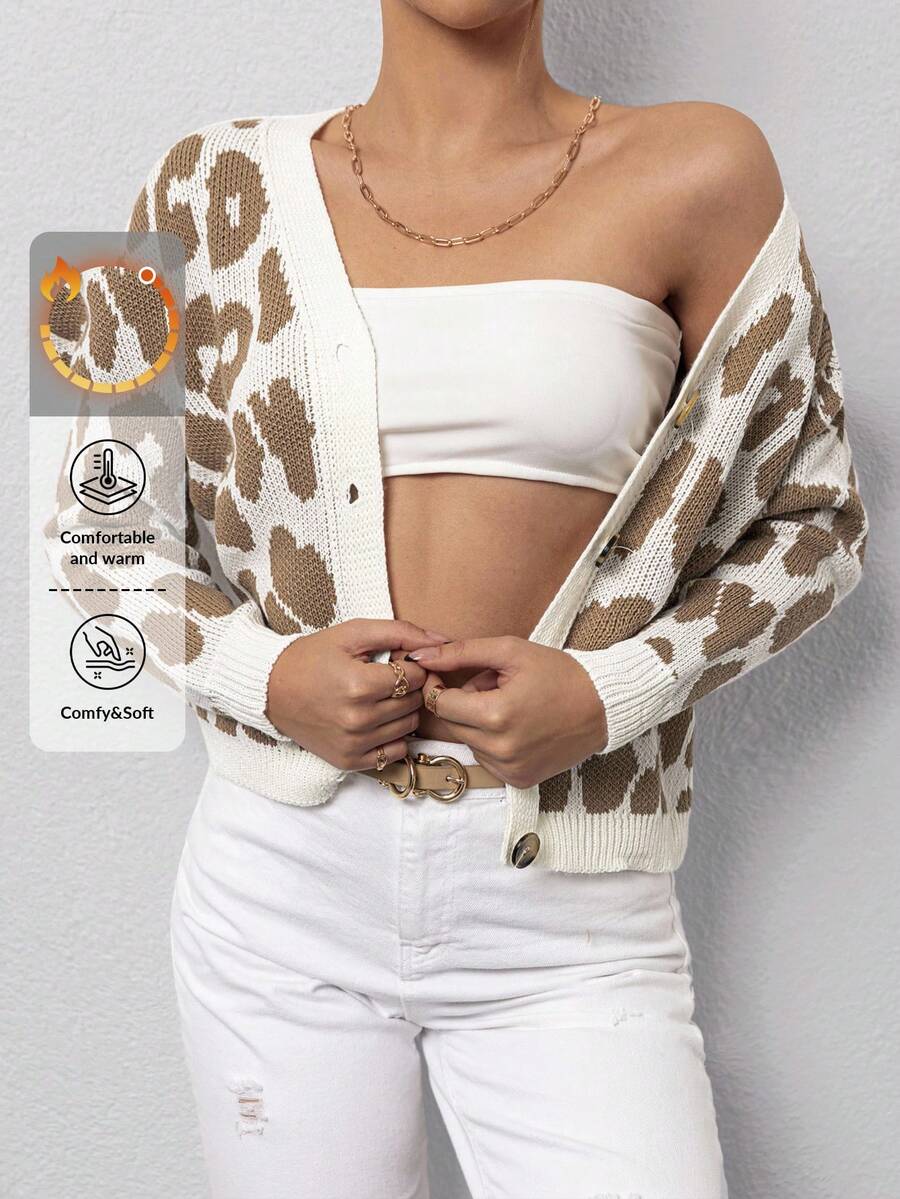 RueChic Leopard Pattern Contrast Binding Drop Shoulder Cardigan - Apricot - View 1