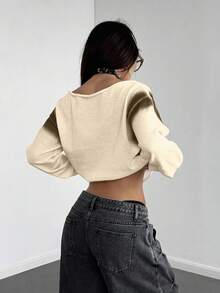 StreetHx New Contrast Color Graffiti Oblique Shoulder Casual Loose Sweater - Apricot - View 2
