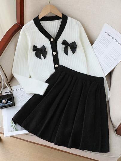 Sparklyn 青少年女孩黑白罗纹落肩灯笼袖蝴蝶结衬衫和纯色 A 字裙 Y2K 休闲优雅 2 件套