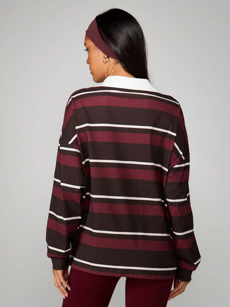 MISSGUIDED Striped Quarter Zip Pullover Sweatshirt With White Collar Casual Long Sleeve Top