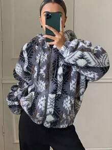 DAZY 花卉印花复古羊羔绒衬里连帽拉链宽松休闲街头女式夹克，秋冬 - 灰色 - 查看 3