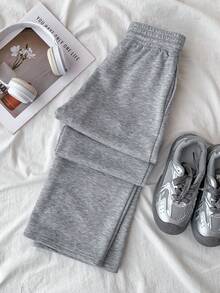 SHEIN Tween Girls Grey 87 Embroidered Low Waist Ribbed Contrast Color Drawstring Tie Slant Pocket Wide Leg Loose Casual Sweatpants For Daily, Vintage Sports - Light Grey - View 7