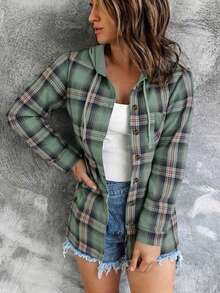 INAWLY Plus Size Women's Casual Loose Hooded Plaid Long Sleeve Blouse, Spring & Autumn, For Christmas Women Shirt - Green - View 3