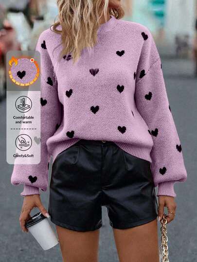 EURMUSE Heart Pattern Drop Shoulder Lantern Sleeve Crew Neck Knit Sweater,Jumper,Jumpers For Women,Cream Jumper,Jumpers,Christmas Jumper,White Jumper,Black Jumper,Ladies Jumper,Tall In Women,Women's Jumpers