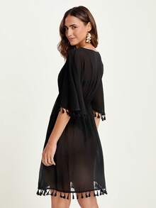 CAJUNI Vestido de playa informal de cuello en V y mangas de murciélago en color negro para mujer - Vacaciones - Traje de baño - Tropical - Negro - Ver 7