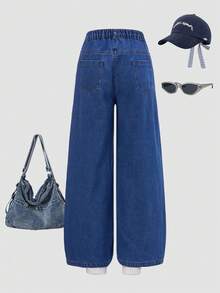 SHEIN Tween 女童休闲宽松直筒基本款水洗破洞牛仔裤 + 基本款松紧腰 + 浅蓝色破洞牛仔裤，适合所有季节，面料舒适 - 中等水洗藍 - 查看 2