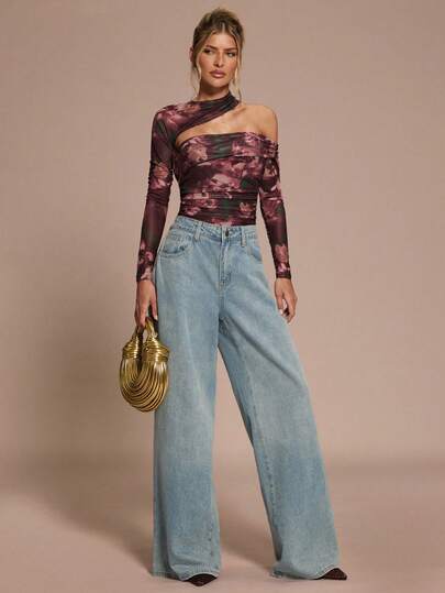 SHEIN BAE Damskie body z asymetrycznym kołnierzykiem i długim rękawem w kwiatowy wzór, elegancki strój na przyjęcie koktajlowe, romantyczną randkę, jesienno-zimową warstwę bazową, na imprezę i spotkanie