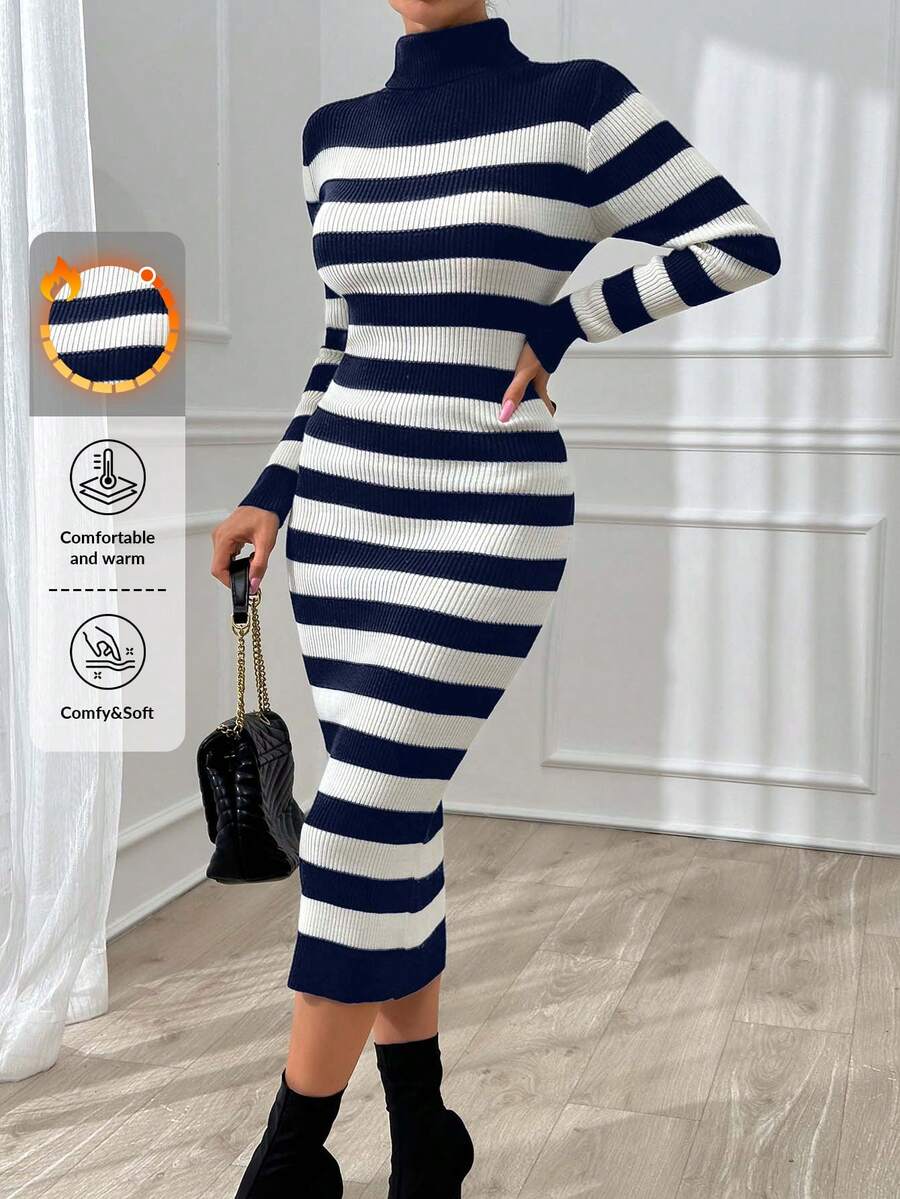 EURMUSE Women Stripe Pattern Turtleneck Long Sweater Dress,Petite - Navy Blue - View 1