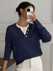 DAZY Lässiger Farbblock Henley-Ausschnitt Pullover, weiches Strick 2-in-1 Sweatshirt für Frauen - marineblau - Übersicht 2