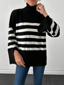 SHEIN Cottnline Striped Pattern Turtleneck Drop Shoulder Split Hem Sweater - Black - View 3