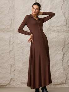 Modelyn Women's Elegant Commuter Solid Color Front Button Long Dress