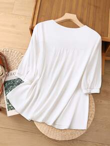 Linhara 大码休闲纯色刺绣衬衫，夏季 - 白色 - 查看 2