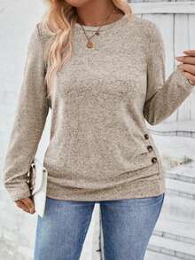 EMERY ROSE T-shirt décontracté à manches longues, col rond, avec boutons décoratifs et ourlet plissé, style vintage, tailles plus, automne/hiver - Nude - Voir 1