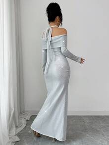 SHEIN Elenzya Đầm dự tiệc nữ trễ vai tay dài, thắt eo, đính sequin sang trọng, lãng mạn, tinh tế - Bạc - Xem 2