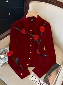 GlowEve Blouse décontractée élégante pour femme, imprimé branche verte + fleur 3D pour la Saint-Valentin, taille standard