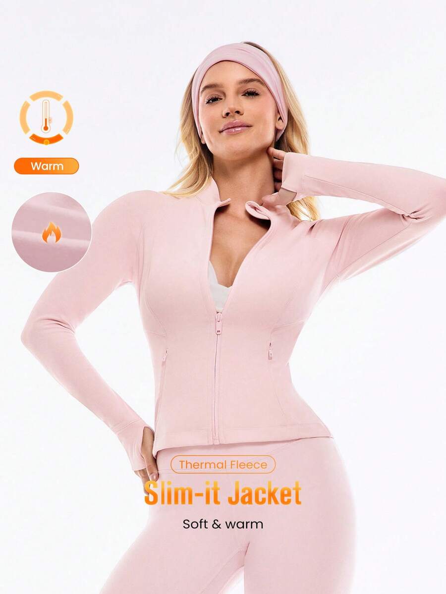 GLOWMODE FeatherFit™-Warm Slim-It It's Chilly Fleece-Lined Slim Fit Long Sleeve Jacket With Thumbholes Autumn Winter Yoga Daily Casual - Baby Pink - View 1