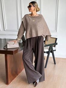 Serisse Women's Brown Fashionable Commuter Solid Color Asymmetric Sweater,Warm Sweaters For Fall And Winter French-Style Daily Commuter Warmth Brown Long-Sleeve Sweater, Perfect For Daily Outings And Dates Stylish Pairing,New Year,New Year Look, Brown Tops,Brown Sweater; Casual - Apricot - View 5