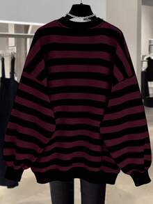 EMERY ROSE New Arrival Bestselling Regular Fit Women Plus Size Striped Crew Neck Sweatshirt - Red - View 2
