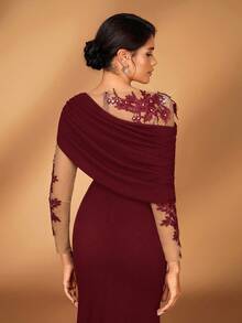 Serin Elegant Romantic Luxurious Elastic Knit Contrast Mesh Asymmetric Shoulder Mermaid Hem Dress, Suitable For Evening Party, Date, Prom, Wedding, Honeymoon, Valentine's Day - Burgundy - View 2