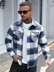 Manfinity Homme Men's Plaid Print Button Front Pocket Casual Long Sleeve Overcoat, Fall/Winter - Navy Blue - View 4