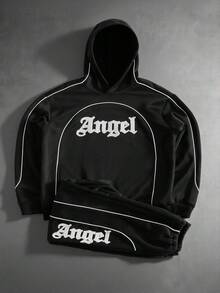 PAVTROS Men's Letter Embroidered Hoodie And Sweatpants Set, Fall Winter Clothes - Black - View 3