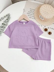 SHEIN Babygirl Cute Casual Pink 3D Cartoon Pattern Embossed Short Sleeve Top And Elastic Waist Shorts Set - Mauve Purple - View 4