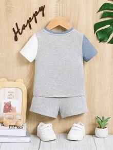 Baby Boy Casual Color Block Letter Printed T-Shirt And Solid Color Shorts Set