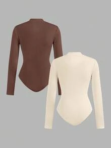 SHEIN EZwear 2 件女士休闲简约风格真刺绣字母徽章拉链高领紧身连体衣，百搭服装，适合秋冬季，机场搭配 - 彩色 - 查看 2