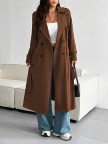 Vionelle 大码时尚纯色宽松风衣 - 咖啡棕 - 查看 7