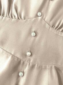 Franclia Plus Size Women Elegant Solid Color Chiffon Sheer V-Neck Pearl Button Decor Puff Sleeve Ruffle Cuff Versatile Design Long Sleeve Blouse Shirt - Apricot - View 5