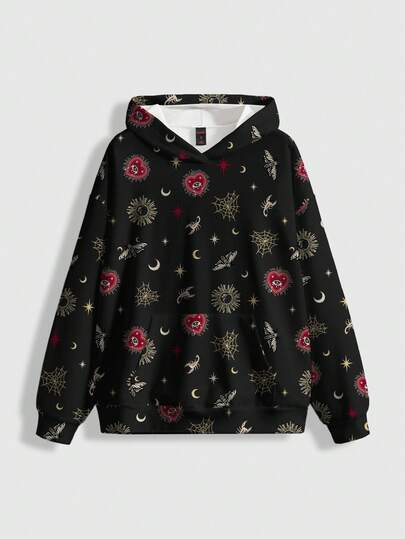 Goth Felpa con cappuccio oversize da donna con stampa all-over di gemme a forma di cuore, croce, sole, luna e stelle in stile retrò gotico