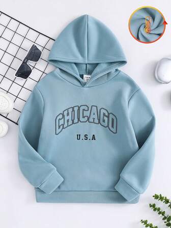 SHEIN Tween Boy Letter Print Thermal Lined Hoodie Sweatshirt, Casual Sports Wear Suitable For Autumn/Winter,Christmas,Winter,Hoodies, Light Blue Hoodie Kid Boys