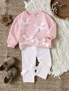SHEIN 女婴幼儿新生儿 0-3 岁休闲日常搭配蝴蝶结装饰圆领长袖运动衫 + 罗纹针织裤套装，秋冬 - 粉色 - 查看 1