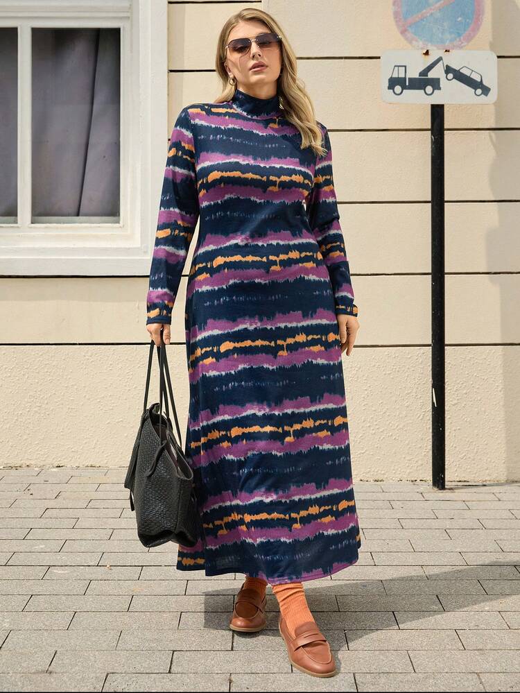 Plus Size Autumn Fashion Tie-Dye Print Stand Collar Dress Winter Clothes For Women Cozy Fall And Winter Clothes For Women Casual Long Dresses