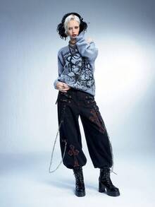Sugerpunk A Pair Of Thick-Soled Thick-Heeled Ultra-High-Heeled Punk-Style Rivet-Laced Side-Zipped Mid-Boots, Suitable For Autumn And Winter - Black - View 2