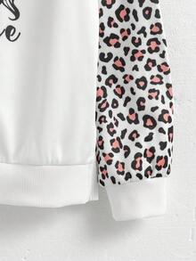 SHEIN Explorewe KIDS Tween Girl Leopard Print & Letter Graphic Hoodie Sweatshirt & Black Leggings Set,Cute Back-To-School School Black And White Autumn Outfit - White - View 5