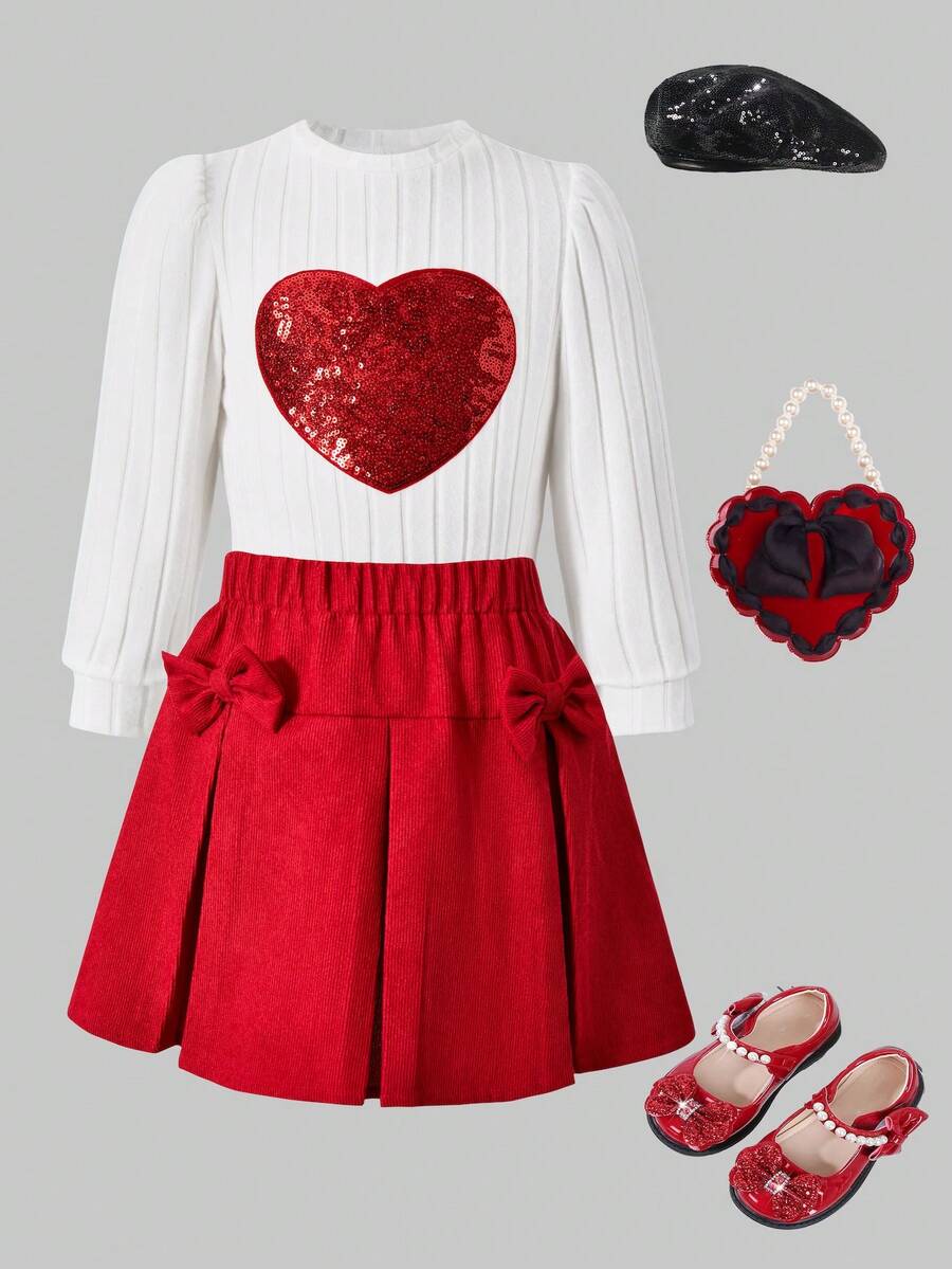 SHEIN Explorewe ChillGRL 2-Piece Girls Winter Birthday Outfit,4-7Y Knit Fuzzy Ribbed Sequin Heart Puff Sleeve T-Shirt & Woven Corduroy Bow Mini Skirt Sweet Casual Set - Red - View 1
