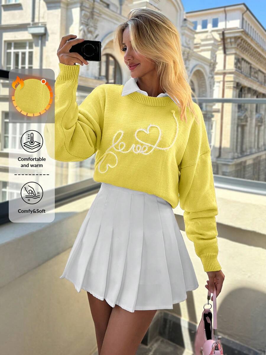 EURMUSE Suéter lindo de cuello redondo con bordado de patrón de corazón y forma de amor en color contrastado - Amarillo - Ver 1