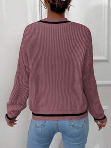 條紋飾邊落肩袖板球毛衣 - 駝色 - 查看 2