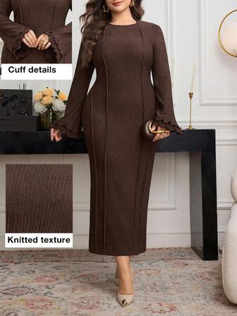 Modelyn Plus Size Solid Color Knit Textured Round Neck Flare Sleeve Fitted Midi Dress, Spring/Autumn