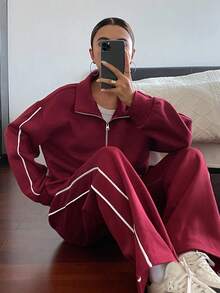 DAZY 2pcs Women Contrast Color Trim Long-Sleeved Jacket And Pant Set