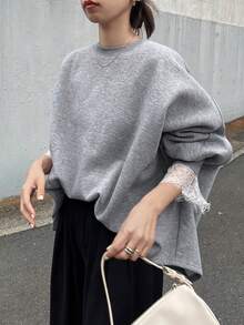 FRIFUL 女式纯色花卉拼接蕾丝圆领插肩袖宽松休闲套头衫，秋冬 - 灰色 - 查看 6