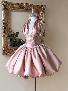 Lovelzi Elegant & Luxurious Light Pink Handmade Bow Ruffle Decor Cinched Waist Bubble Hem Dress, Suitable For Dates, Gatherings, Singles Parties, Music Festivals, Happy Holidays, Formal Occasions - Baby Pink - View 5