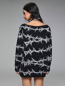 ROMWE Grunge Punk Spring/Summer Party Casual Punk Thorn Pattern Loose Pullover Sweater - Black - View 4
