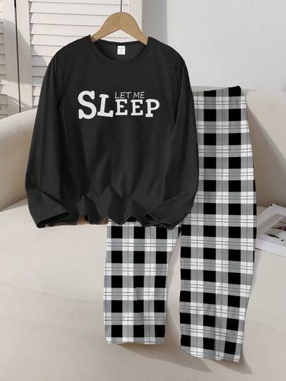 SHEIN 少女睡衣套装，简约韩版春秋新款，英文“SLEEP”印花黑色圆领长袖上衣搭配格子宽松舒适两件套家居服，返校格纹裤套装