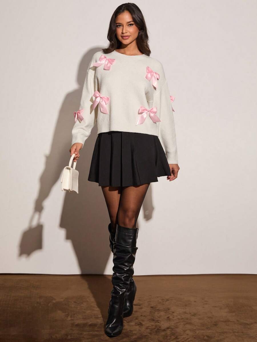 Enchnt Women's White And Pink Cute Autumn Everyday Sweater,Winter Casual Bowknot Decor Round Neck Dropped Shoulder Long Sleeves Christmas Top - White - View 1