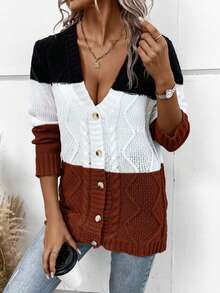 EURMUSE Women's Contrast Color Long Sleeve Single-Breasted Casual Loose Knit Cardigan,Cardigans,Petite,Tall - Chocolate Brown - View 6